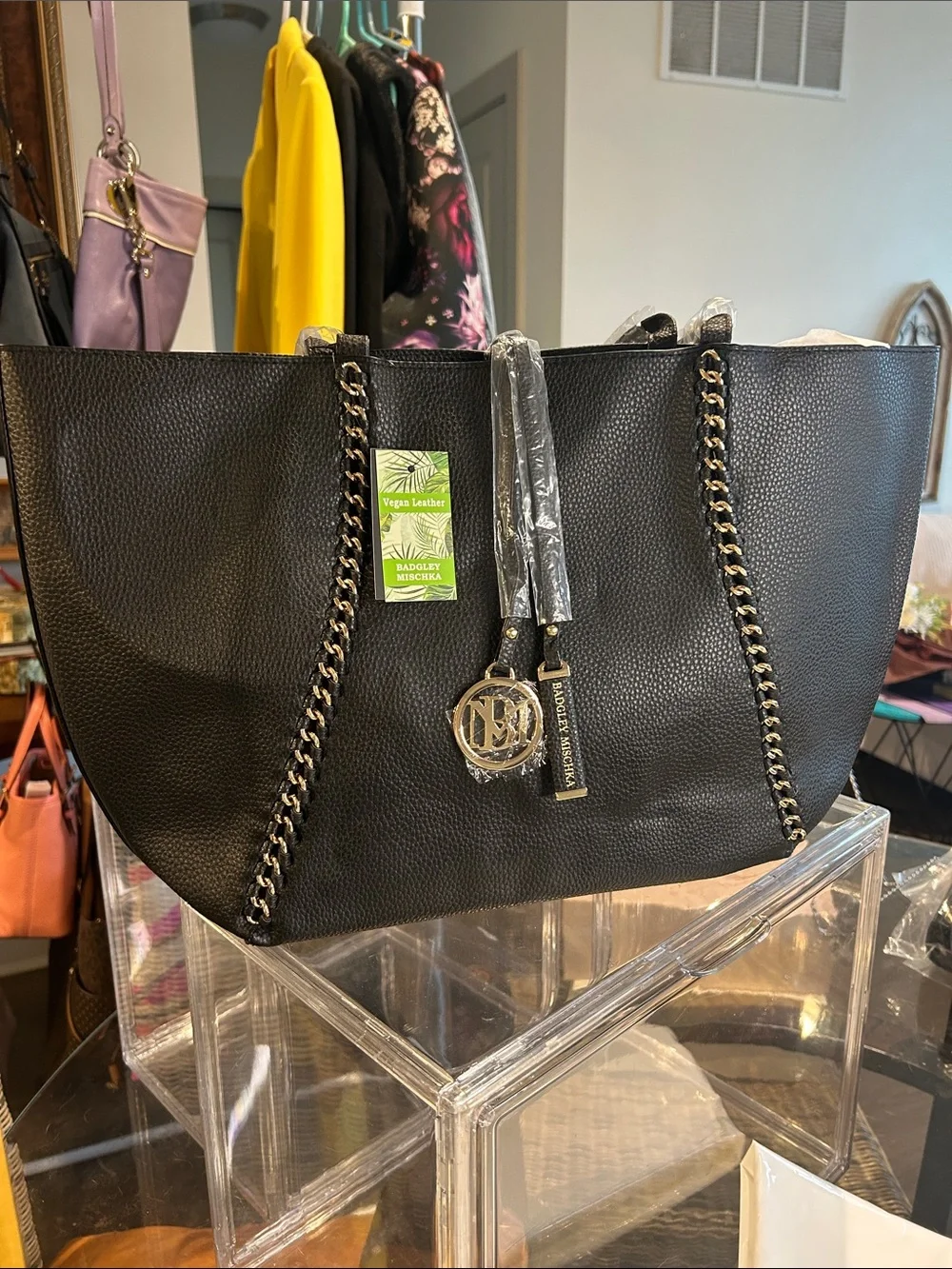 Badgley Mischka Vegan Leather Black Gold Chain Tote 18”x 4”x 10.75” NWT